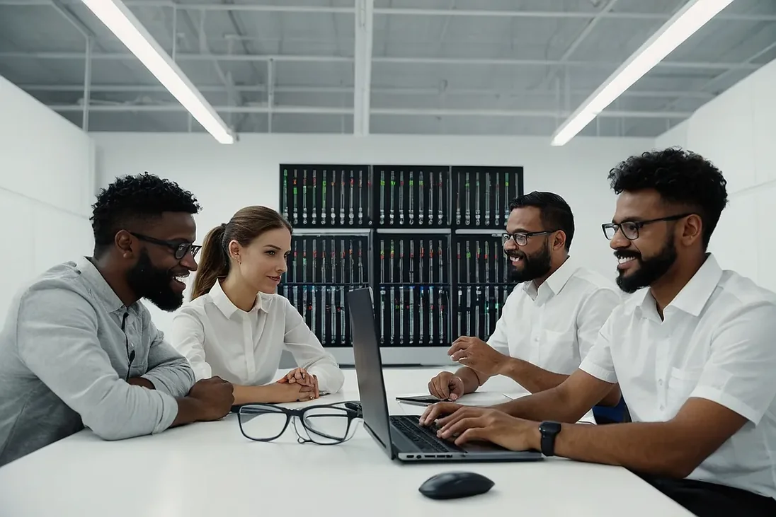 Profissionais de perfis variados reunidos em torno de um computador