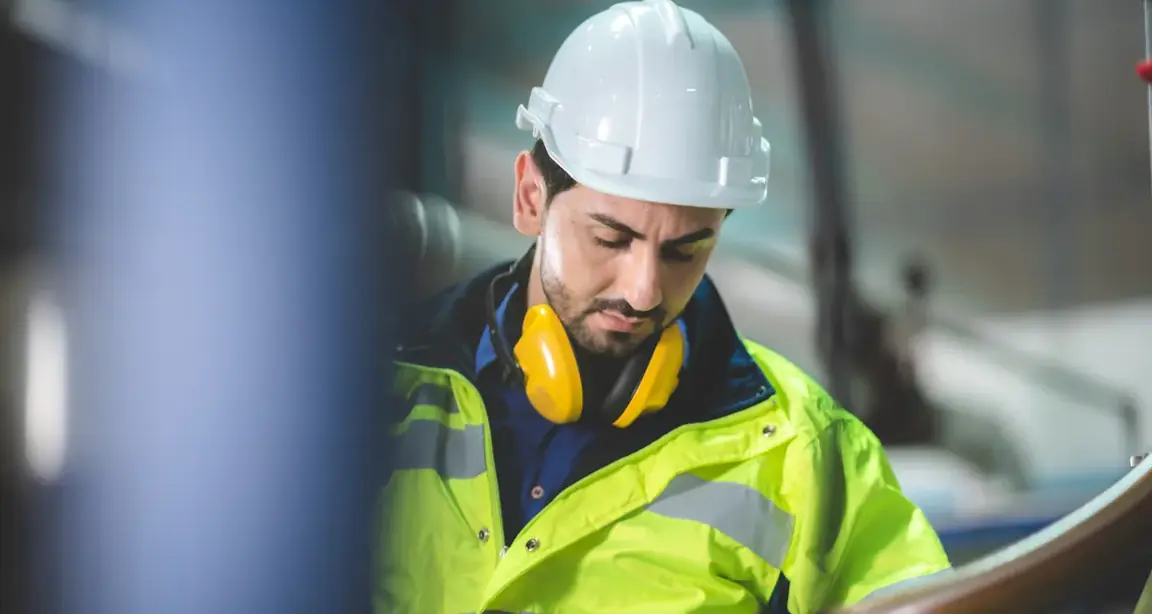 Operador de capacete concentrado em equipamento de fábrica