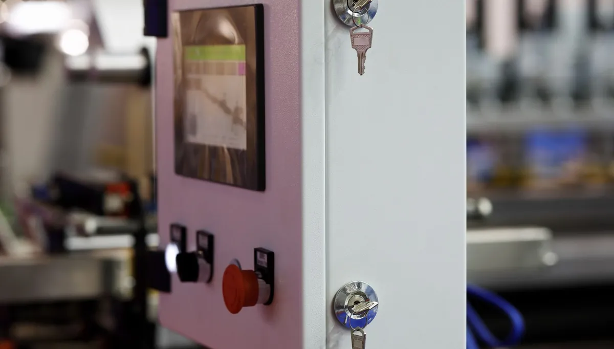 Quadro de comando com botão de emergência e visor
